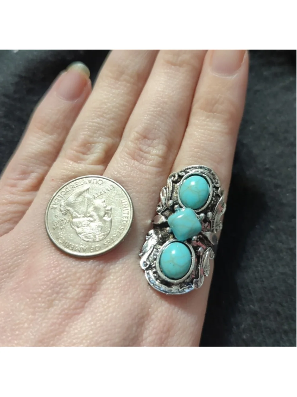 Silver Tone Turquoise Blue Dye Howlite Gemstones Statement Ring - Size 7-9